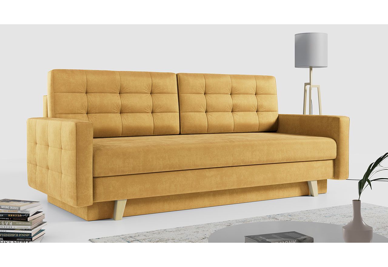 Rozkładana sofa skandynawska 3-osobowa, z pojemnikiem na pościel do salonu, beżowa – FRIGA