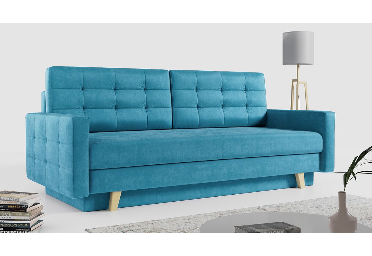 Rozkładana sofa skandynawska 3-osobowa, z pojemnikiem na pościel do salonu, beżowa – FRIGA