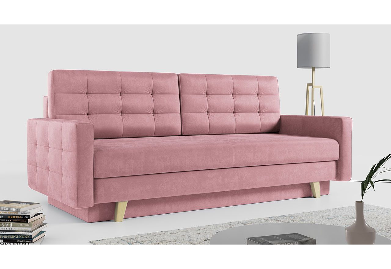 Rozkładana sofa skandynawska 3-osobowa, z pojemnikiem na pościel do salonu, beżowa – FRIGA