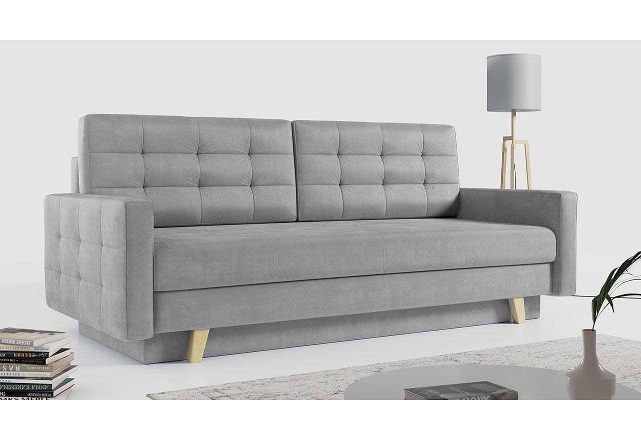 Rozkładana sofa skandynawska 3-osobowa, z pojemnikiem na pościel do salonu, beżowa – FRIGA