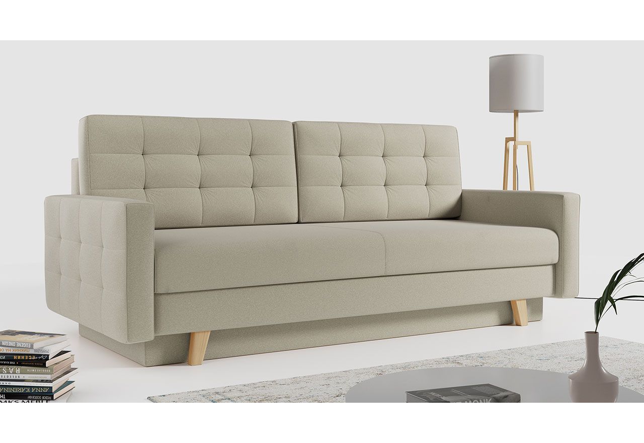 Rozkładana sofa skandynawska 3-osobowa, z pojemnikiem na pościel do salonu, beżowa – FRIGA