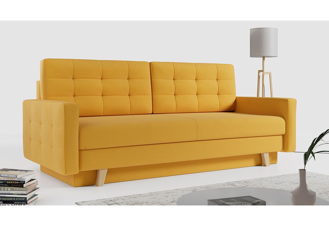 Rozkładana sofa skandynawska 3-osobowa, z pojemnikiem na pościel do salonu, beżowa – FRIGA