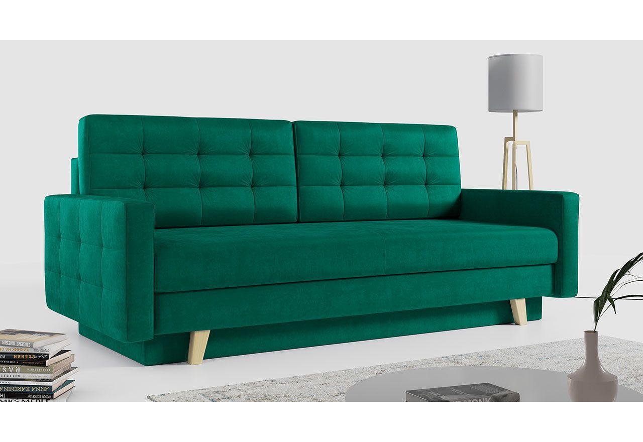 Trzyosobowa, rozkładana sofa skandynawska z pojemnikiem na pościel do salonu – FRIGA butelkowa zieleń