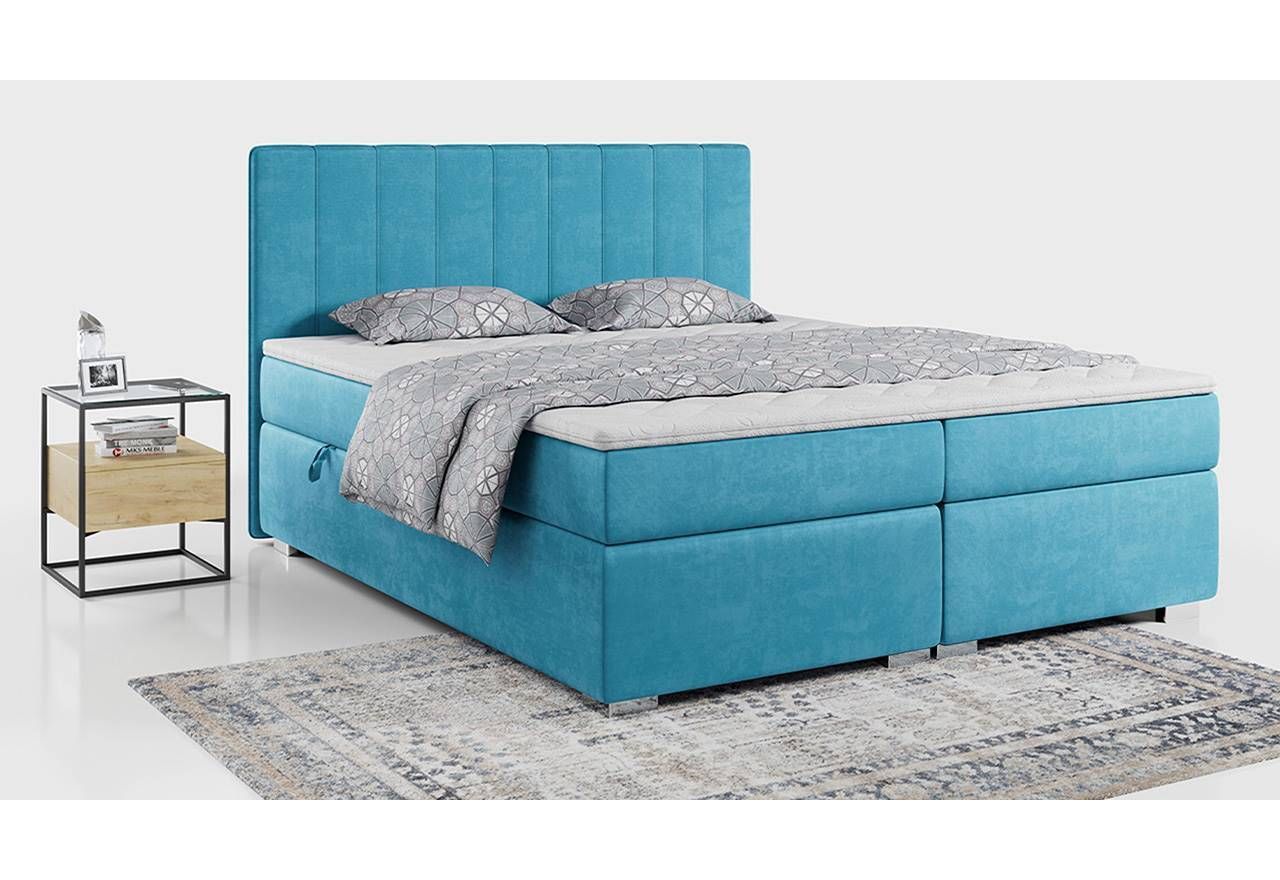Nowoczesne łóżko dwuosobowe kontynentalne z materacem i opcją pojemnika - ALLY 160x200 błękitny