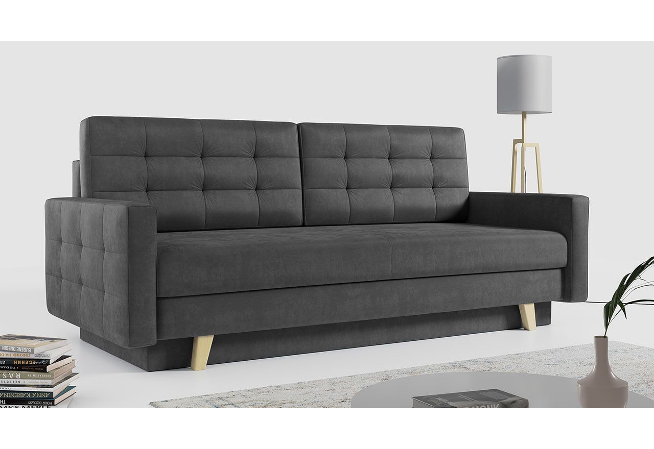 Sofa do salonu z funkcją spania, skandynawska na drewnianych nóżkach, w kolorze ciemny szary – FRIGA