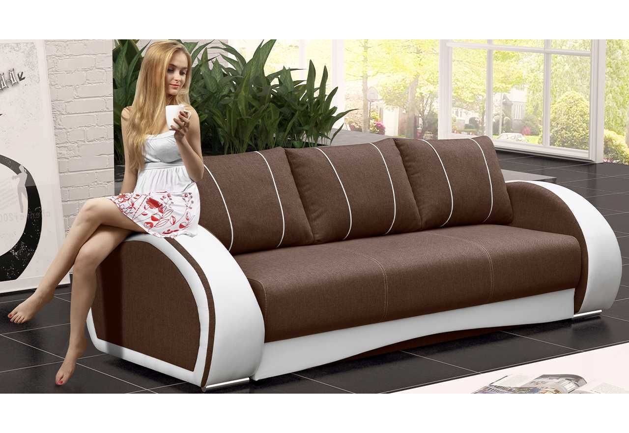 Designerska sofa trzyosobowa CORDOBA brązowo-biała z funkcją spania i pojemnikiem na pościel