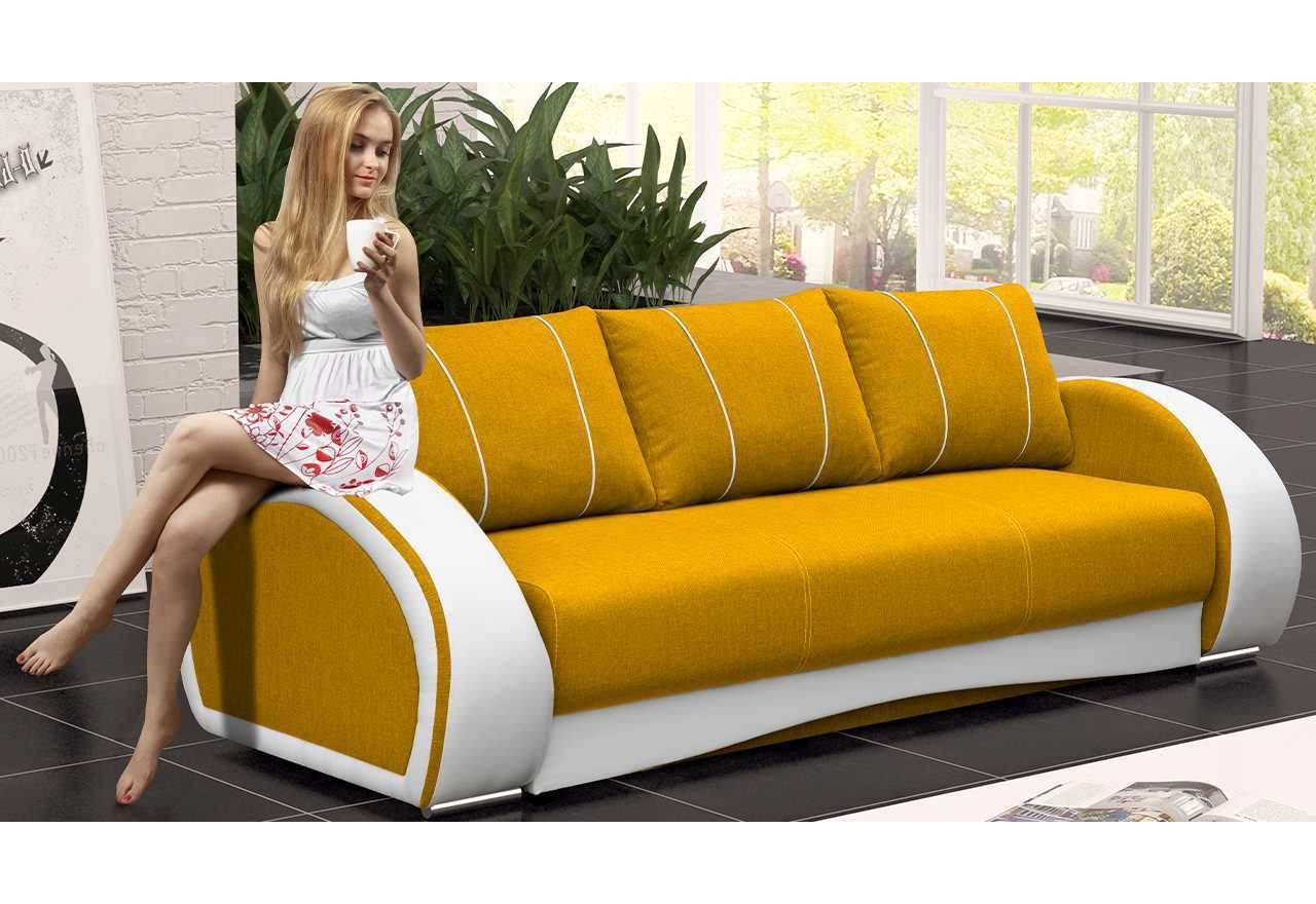 Piękna żółta sofa wypoczynkowa na sprężynach CORDOBA z białymi wstawkami z ecoskóry