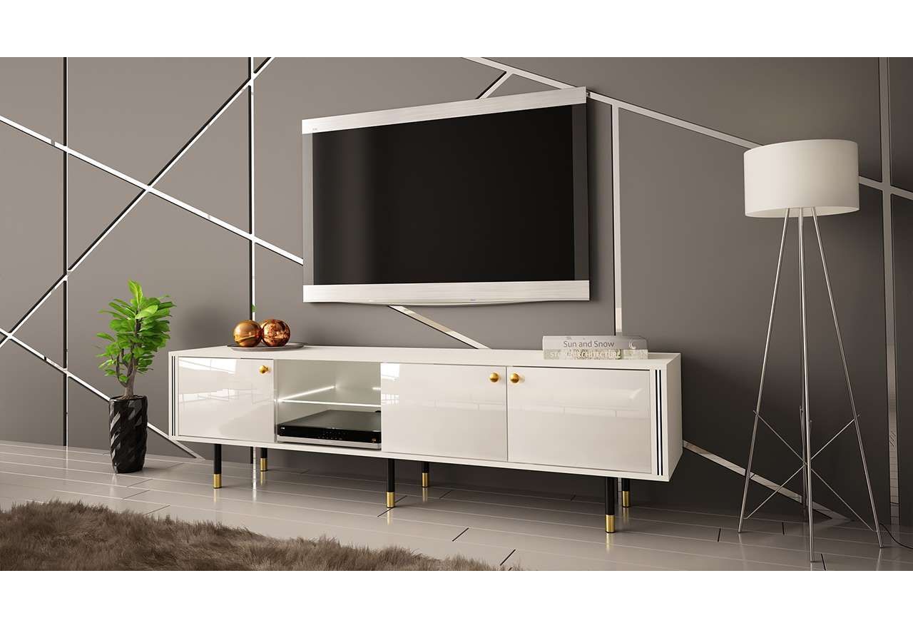 Biała szafka RTV 180 cm pod telewizor, na metalowych nóżkach, z oświetlenie LED do salonu - AMARE 3
