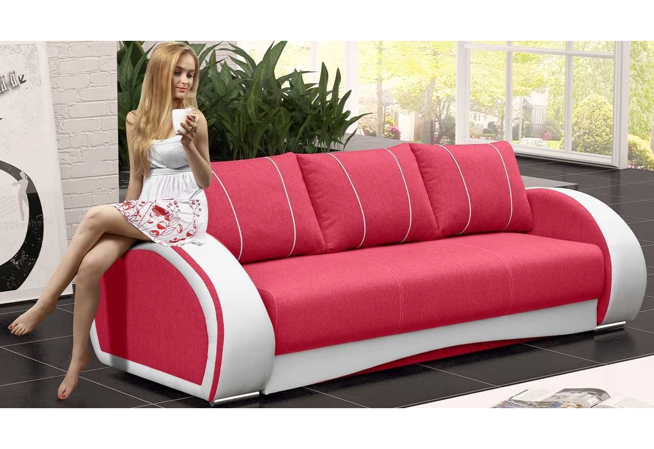 Sofa z boczkami z ecoskóry, różowym siedziskiem i wygodnymi poduszkami CORDOBA do salonu i pokoju młodzieżowego