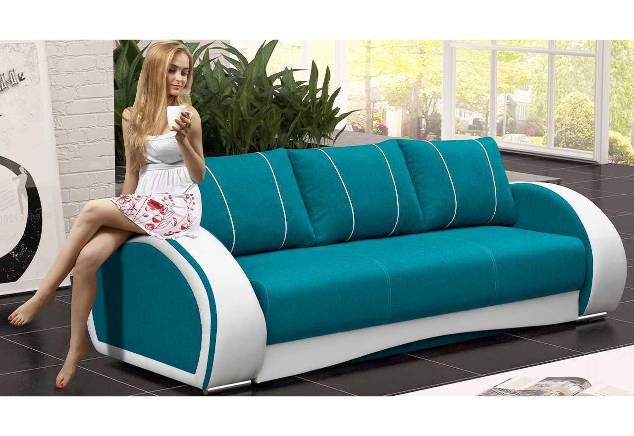 Trzyosobowa rozkładana sofa z funkcją spania i pojemnikiem na pościel CORDOBA turkusowa