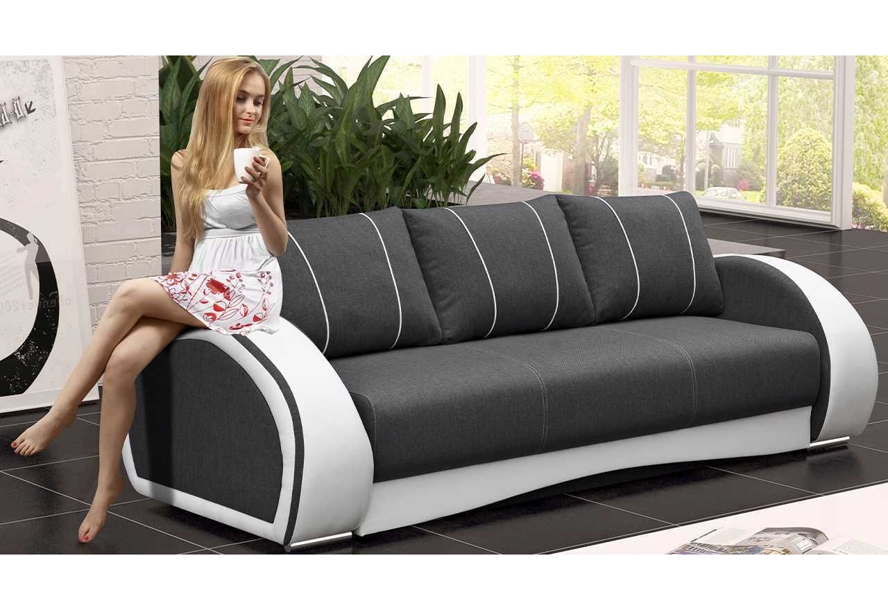 Funkcjonalna rozkładana kanapa dla trzech osób z funkcją spania i pojemnikiem na pościel CORDOBA szaro-biała
