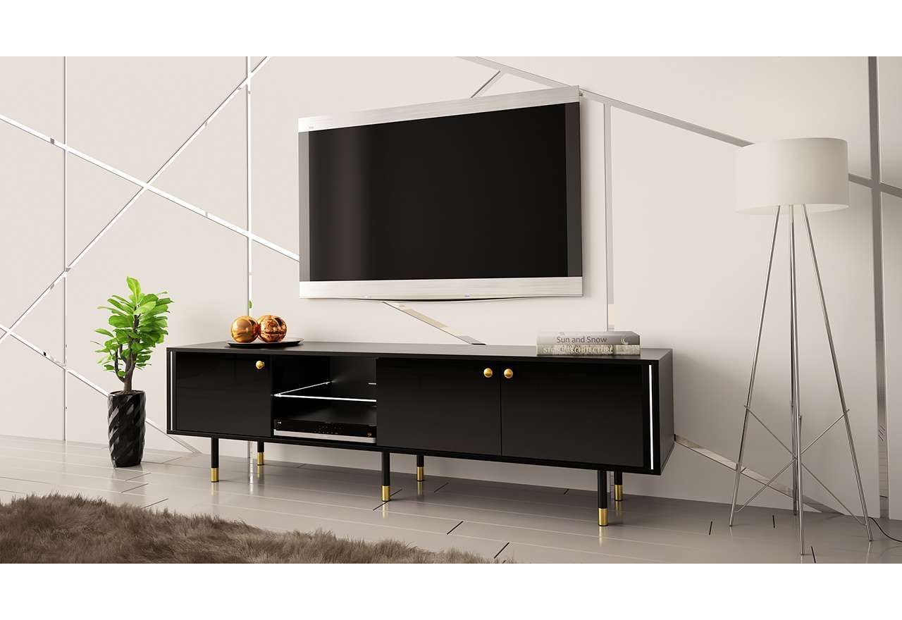 Ekskluzywna szafka RTV 180 cm w czarnym połysku, z oświetleniem LED, metalowymi nóżkami, do salonu - AMARE 3