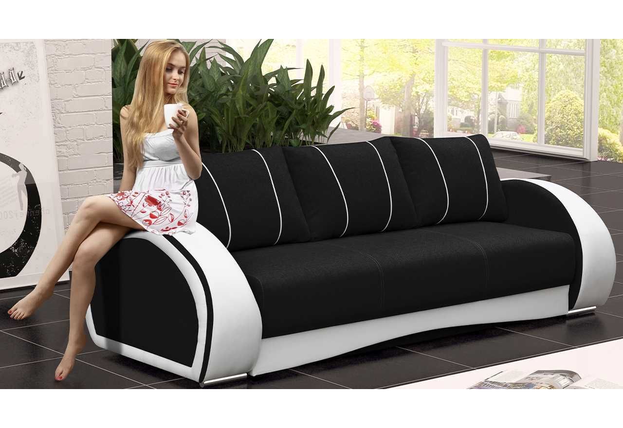 Praktyczna nowoczesna sofa rozkładana 3 osobowa CORDOBA z czarną tapicerką i białymi wstawkami