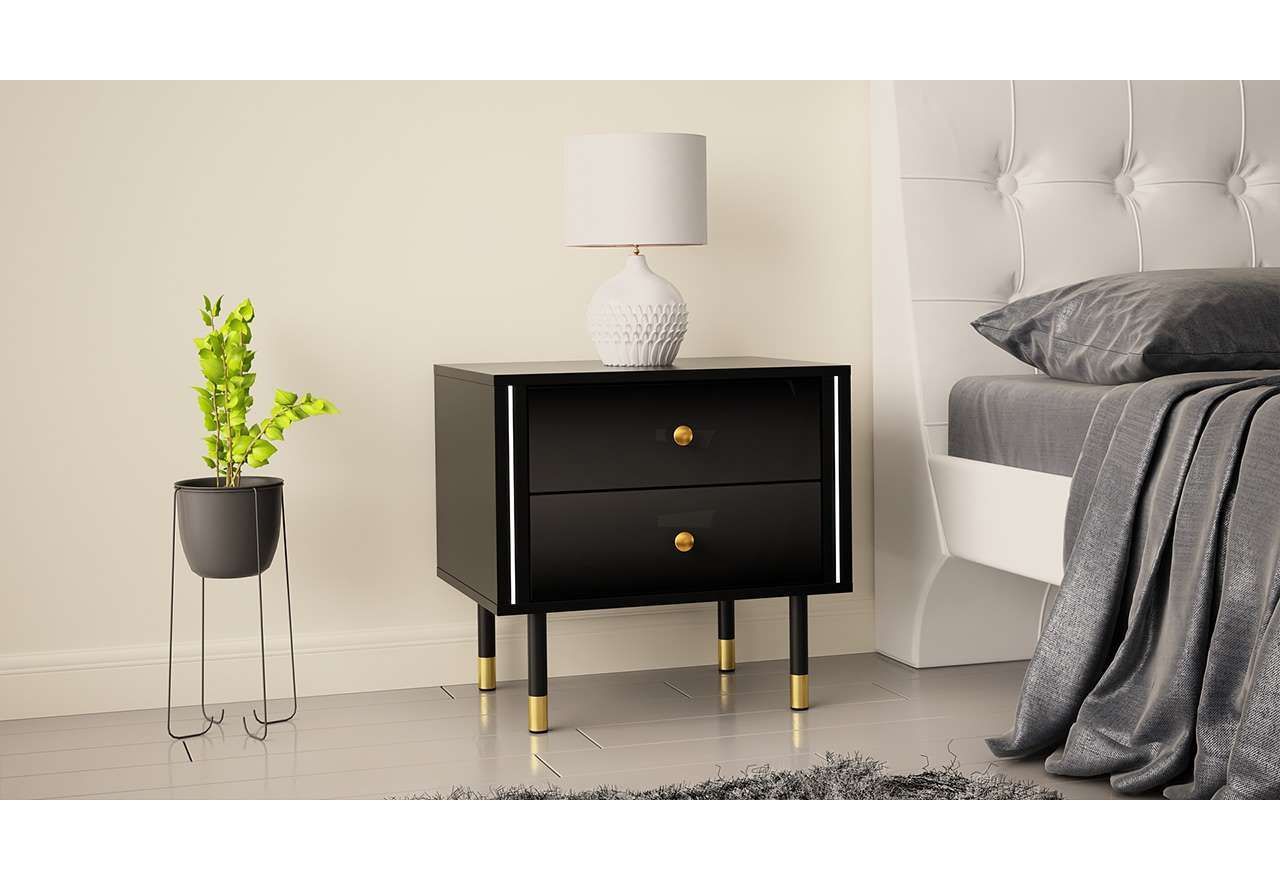 Luksusowa szafka nocna w czarnym połysku do sypialni, z szufladami i złotymi dodatkami - AMARE 4