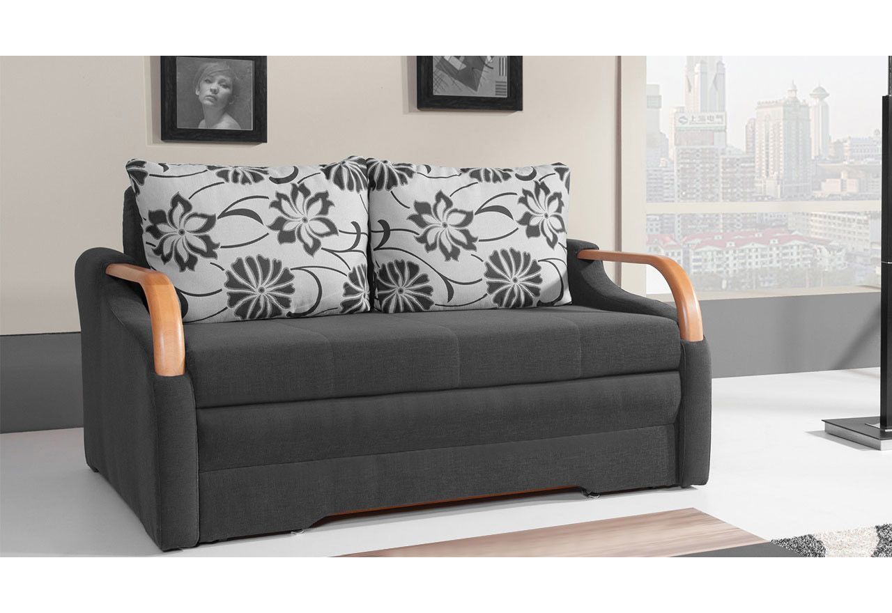 Modna, dwuosobowa sofa z możliwością wyboru tkaniny i wybarwienia drewna do pokoju dziennego, salonu - LATINA
