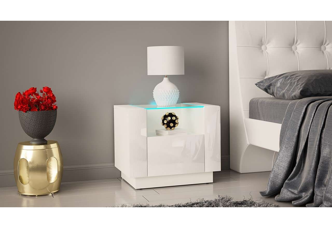 Almost Adulthood Bet Designerski, mały stolik nocny do sypialni, biały połysk, szuflada i  oświetlenie LED - ESCADA 4 - sklep MKS Meble