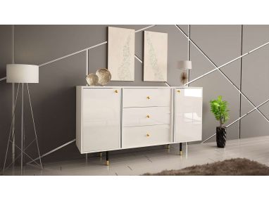Elegancka komoda 160 cm z szufladami, metalowymi nóżkami, w białym połysku do salonu lub sypialni - AMARE 2