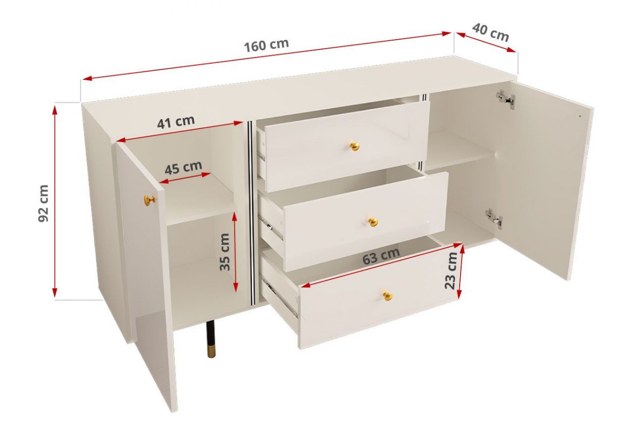Elegancka komoda 160 cm z szufladami, metalowymi nóżkami, w białym połysku do salonu lub sypialni - AMARE 2