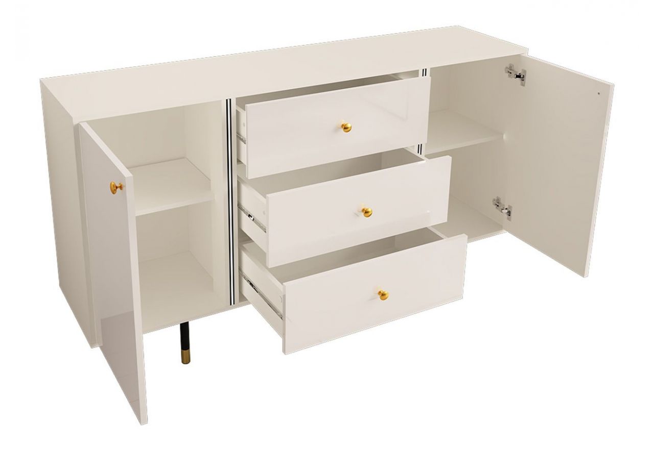 Elegancka komoda 160 cm z szufladami, metalowymi nóżkami, w białym połysku do salonu lub sypialni - AMARE 2