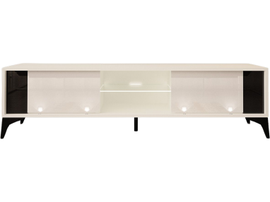 Szafka RTV stojąca do salonu w białym połysku, oświetleniem LED i stalowymi nóżkami - RIVET 2