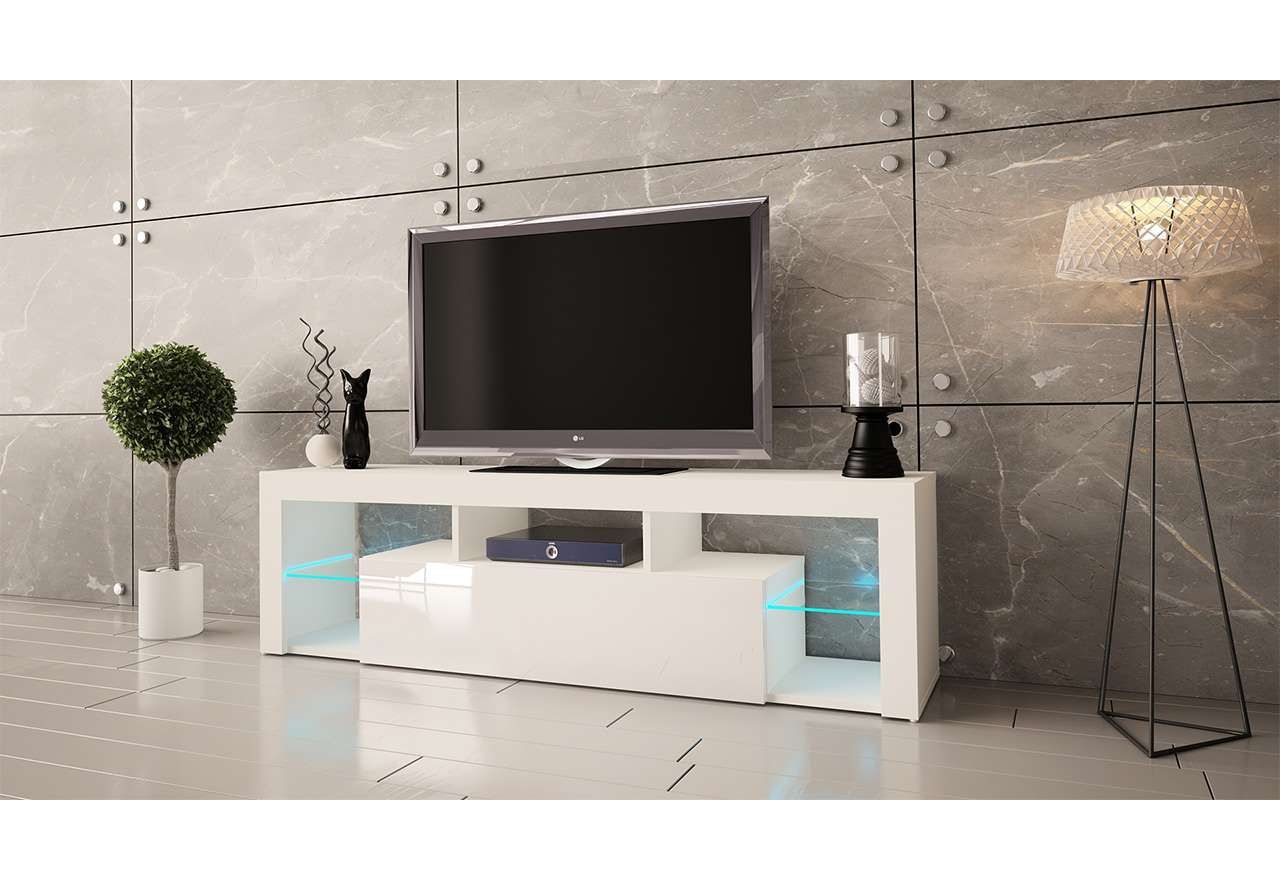Szafka RTV pod telewizor 160 cm w białym połysku, z oświetleniem LED, wisząca lub stojąca - REINER 2