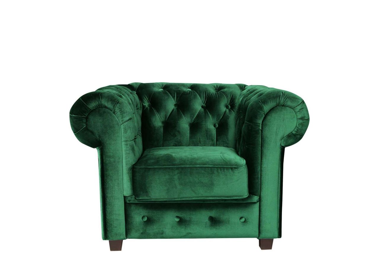 Stylowy fotel wypoczynkowy CHESTERFIELD w stylu glamour do salonu, pokoju, w kolorze zielonym