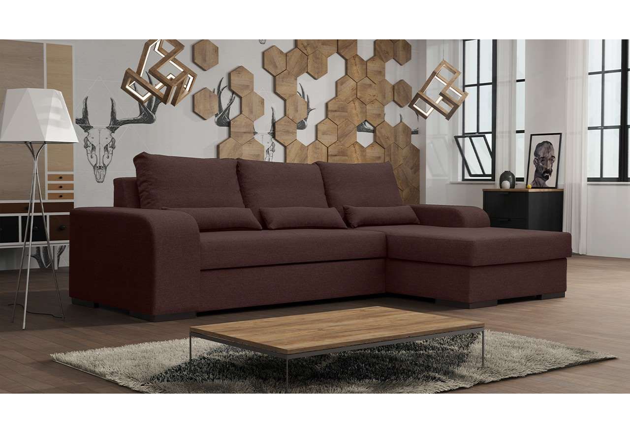 Piękna minimalistyczna kanapa narożna na sprężynach VALDENA ciemnobrązowa
