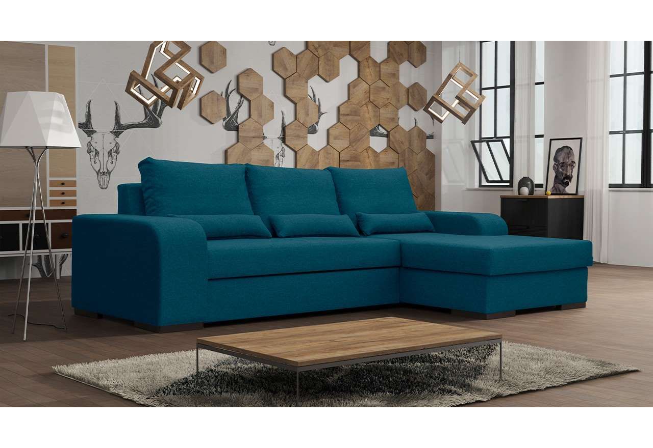 Elegancka ciemnoniebieska sofa narożna do salonu VALDENA rozkładana wolnostojąca