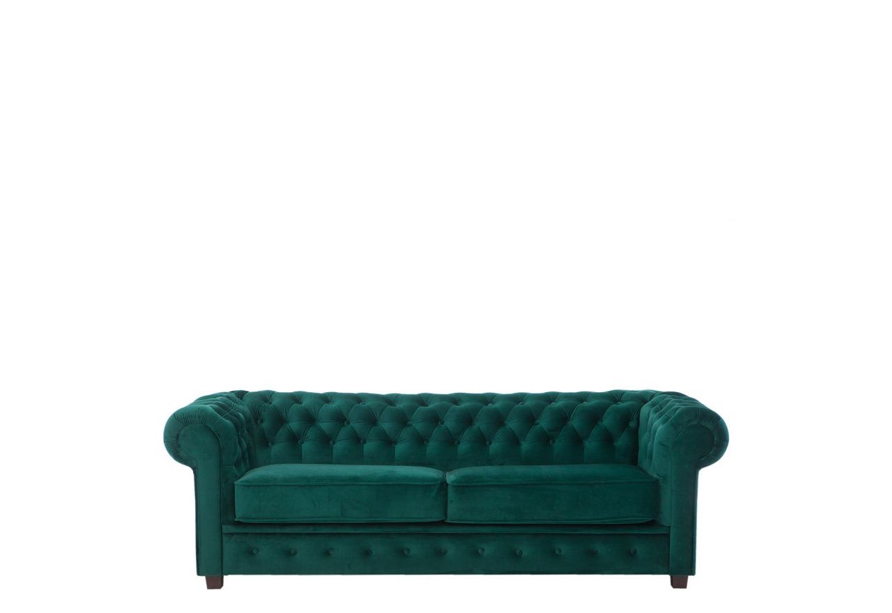 Piękna sofa CHESTERFIELD, pikowana dla 3 osób w kolorze butelkowej zieleni, z opcjami pinezek, kryształków i funkcji spania