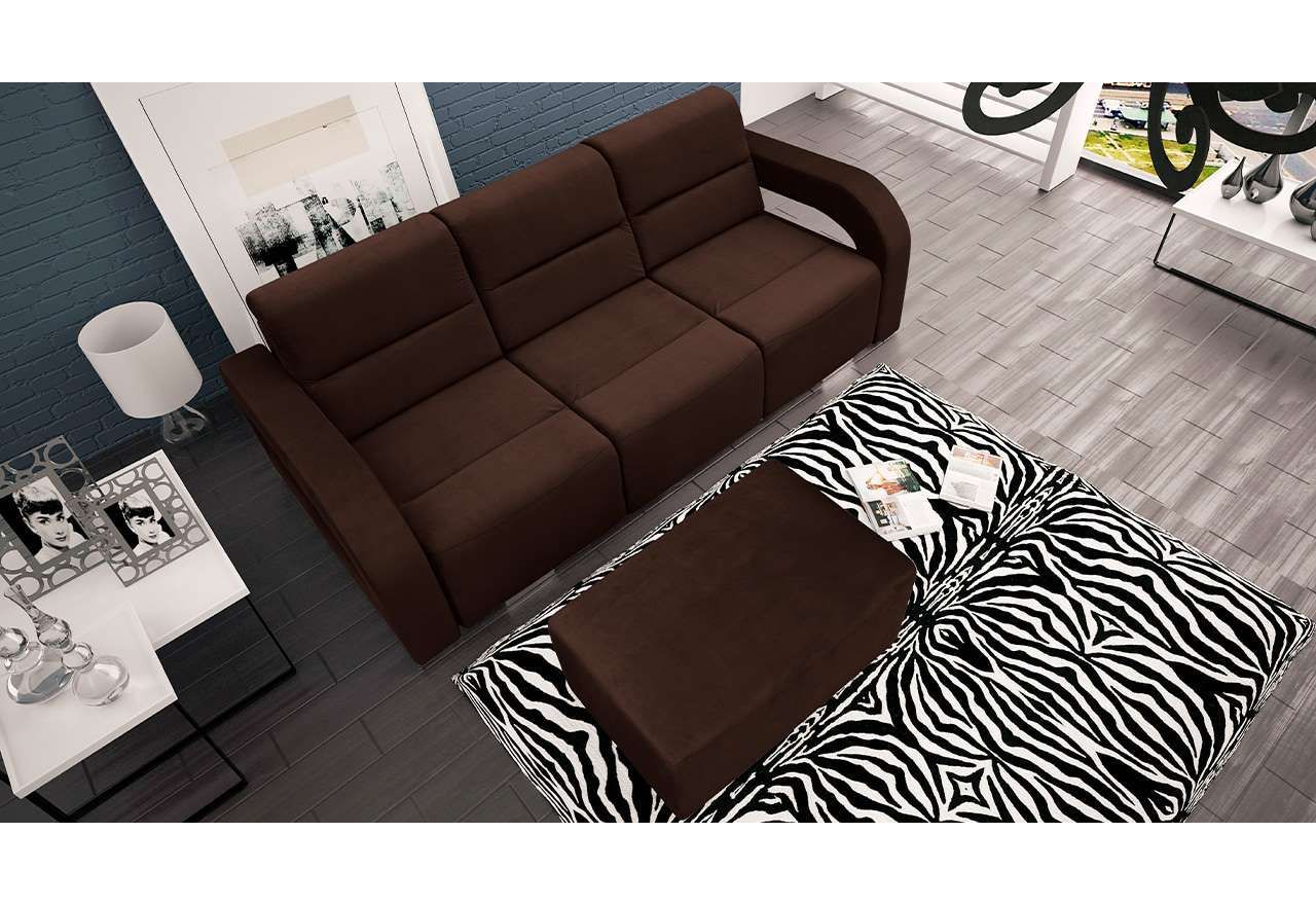 Trzyosobowa sofa wypoczynkowa do salonu z pufą i funkcją spania AMARI brązowa