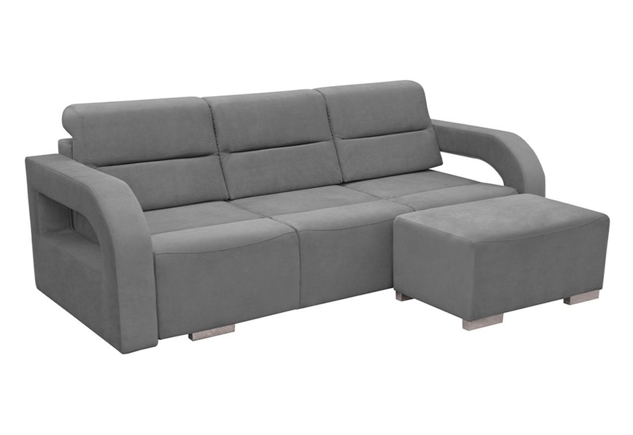 Rozkładana modna kanapa z funkcją spania, pojemnikiem na pościel i pufą AMARI fioletowa