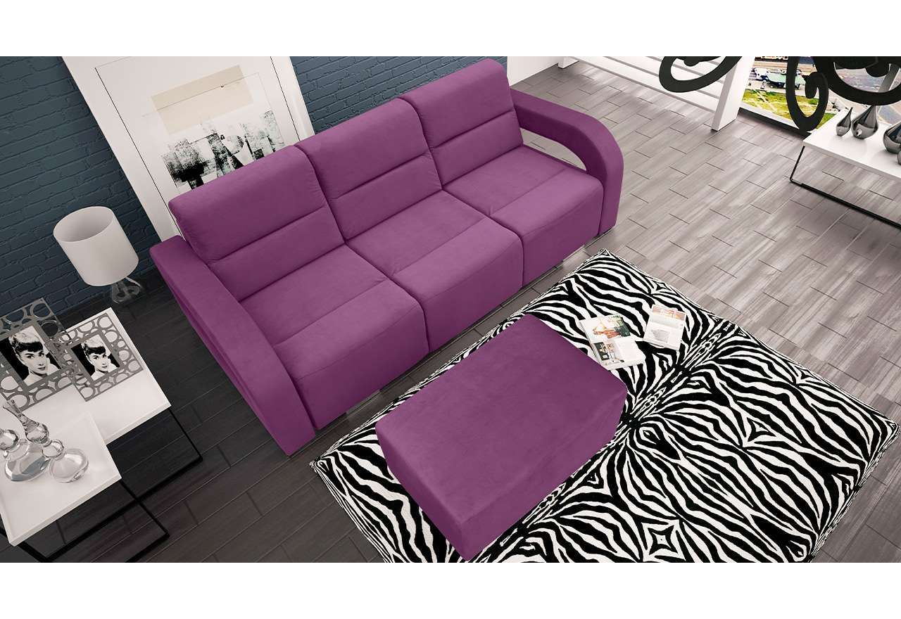 Rozkładana modna kanapa z funkcją spania, pojemnikiem na pościel i pufą AMARI fioletowa