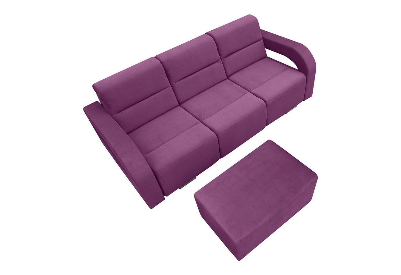 Rozkładana modna kanapa z funkcją spania, pojemnikiem na pościel i pufą AMARI fioletowa