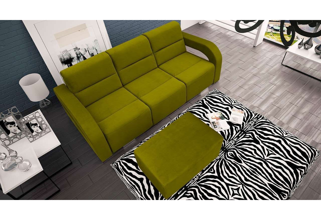 Nowoczesna zielona trzyosobowa sofa rozkładana do pokoju dziennego AMARI w zestawie z pufą