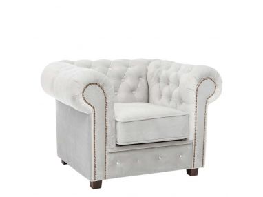 Luksusowy fotel CHESTERFIELD, pikowany, jednoosobowy, wypoczynkowy do salonu w jasnoszarym kolorze