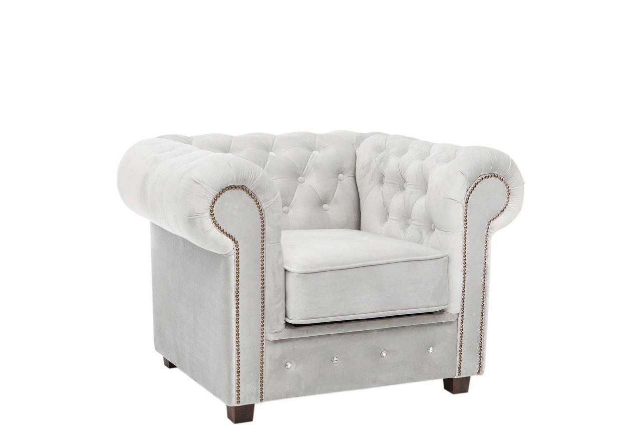 Luksusowy fotel CHESTERFIELD, pikowany, jednoosobowy, wypoczynkowy do salonu w jasnoszarym kolorze