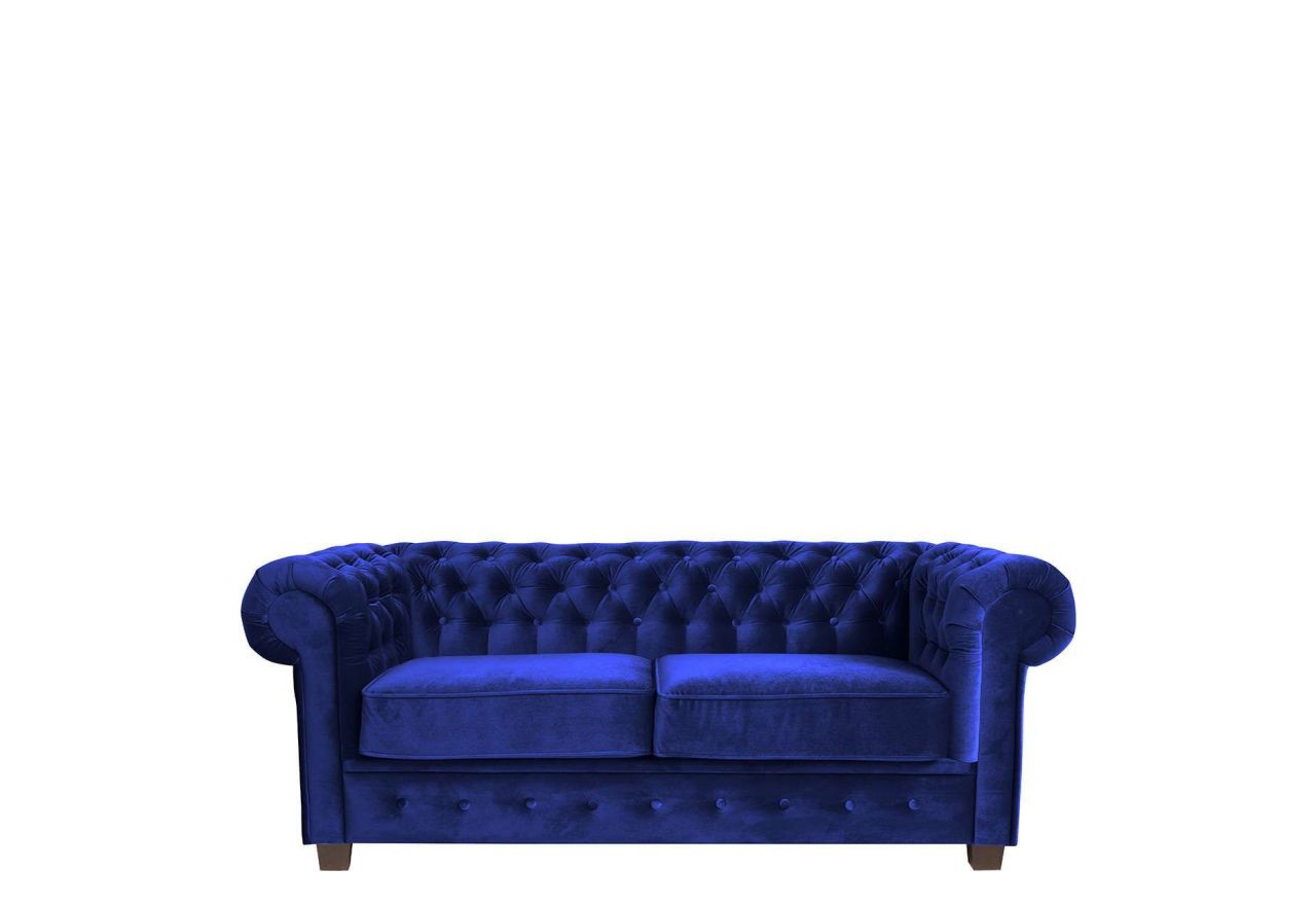 Niebieska sofa dwuosobowa CHESTERFIELD, pikowana na drewnianych nóżkach, modna do salonu