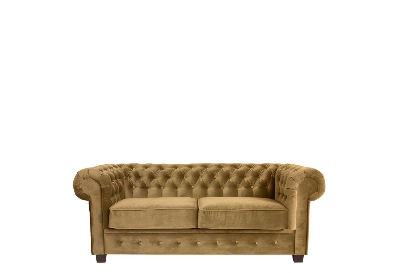 Żółta, oryginalna sofa CHESTERFIELD w stylu glamour, pikowana, dwuosobowa do salonu