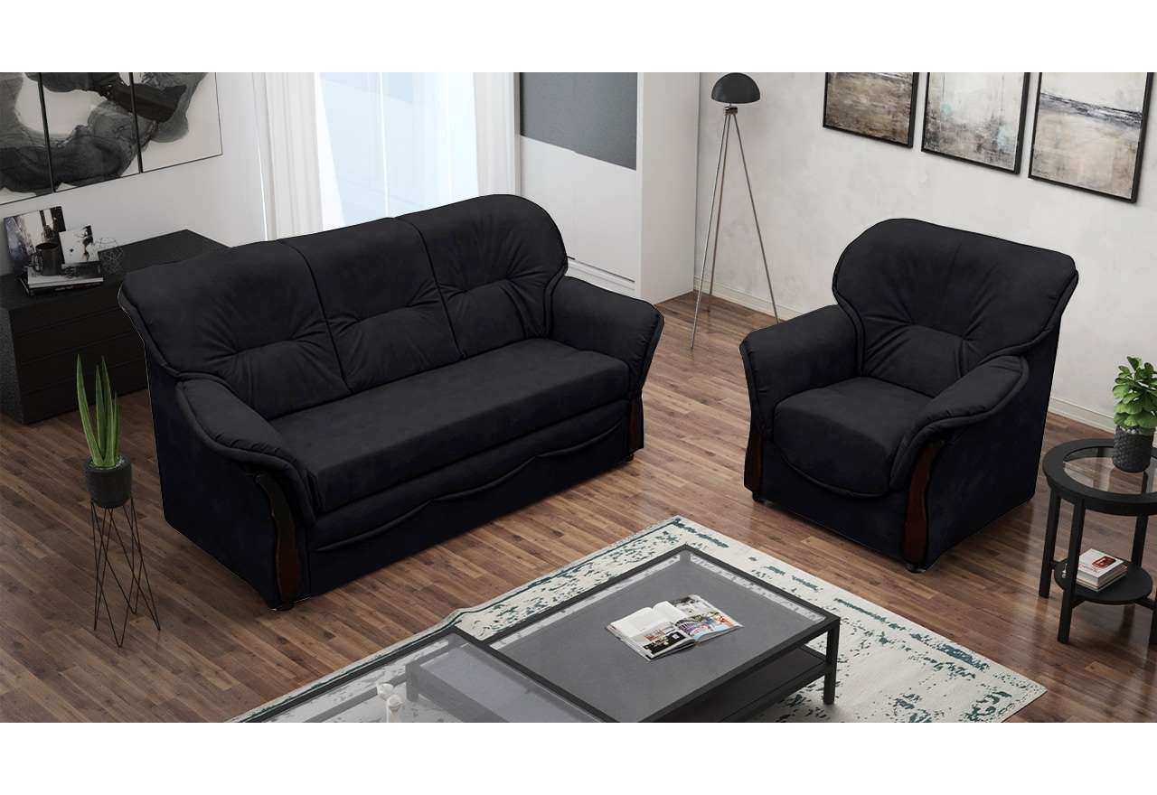 Elegancka czarna kanapa do salonu ALBANETA z funkcją spania i pojemnikiem na pościel