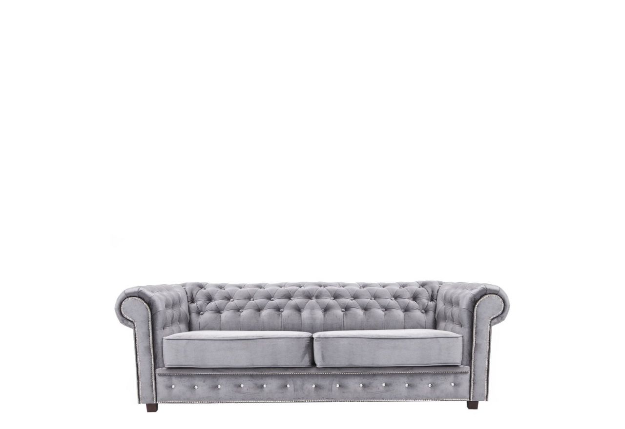 Szara sofa pikowana CHESTERFIELD dla 3 osób, miękka, elegancka z pikowaniami do salonu
