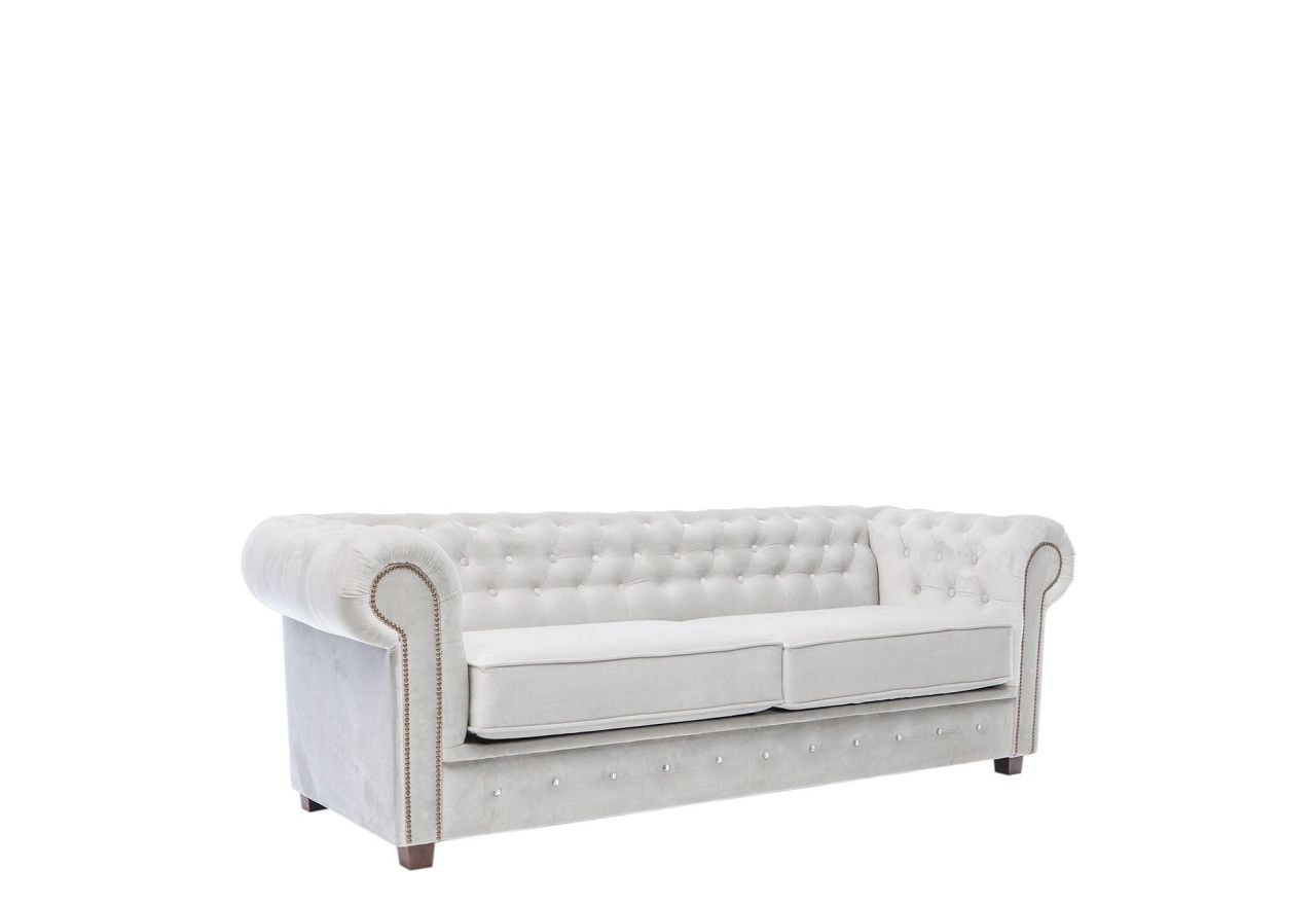 Praktyczna, stylowa jasnoszara sofa trzyosobowa CHESTERFIELD do salonu, pikowana guzikami