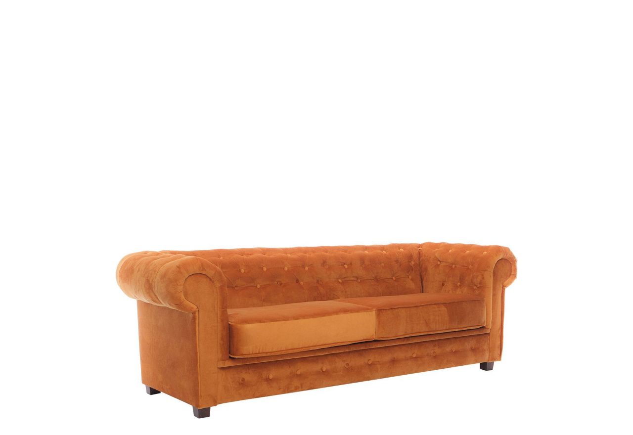 Funkcjonalna sofa trzyosobowa CHESTERFIELD z opcją funkcji spania, drewnianymi nóżkami i pikowaniami