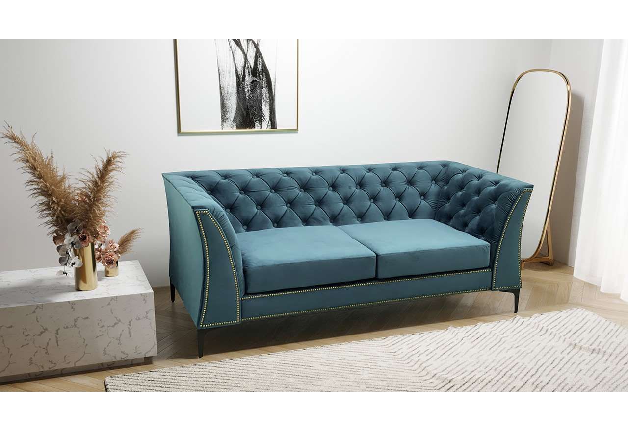 Elegancka, turkusowa sofa dwuosobowa z pikowanym oparciem i bokami ENCANTO, idealna do pokoju dziennego