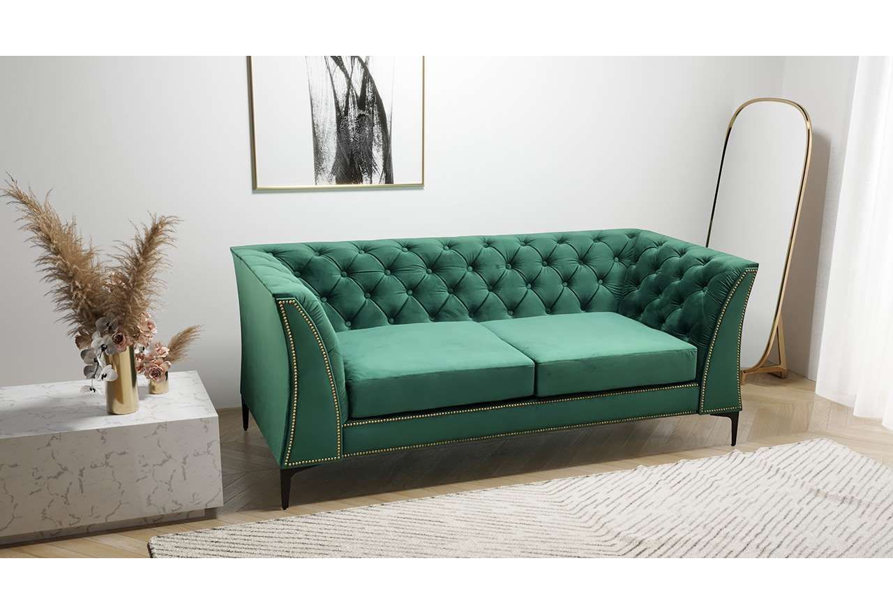 Modna sofa dwuosobowa, zielona z pikowanym oparciem i bokami ENCANTO do salonu