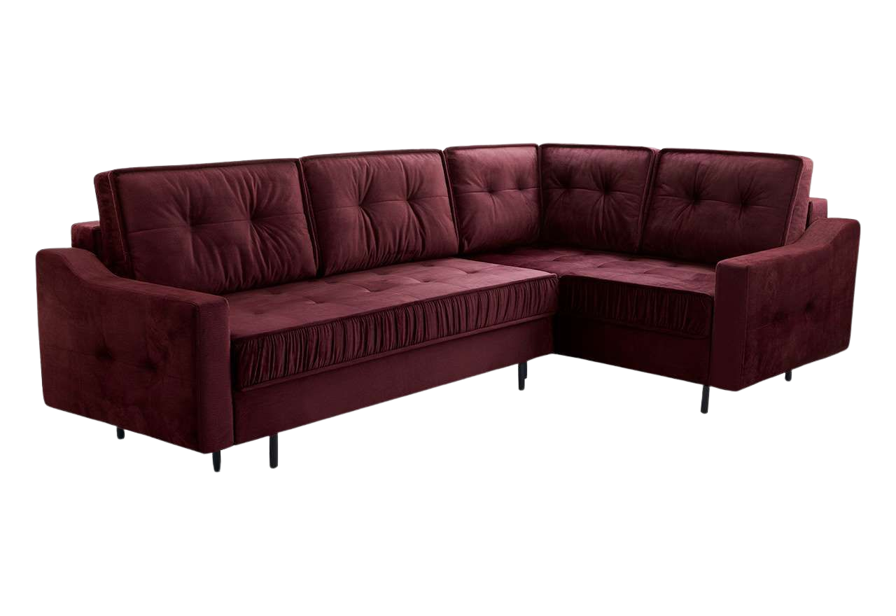 Bordowy narożnik wypoczynkowy ABETO z pikowanym siedziskiem na sprężynach i funkcją spania