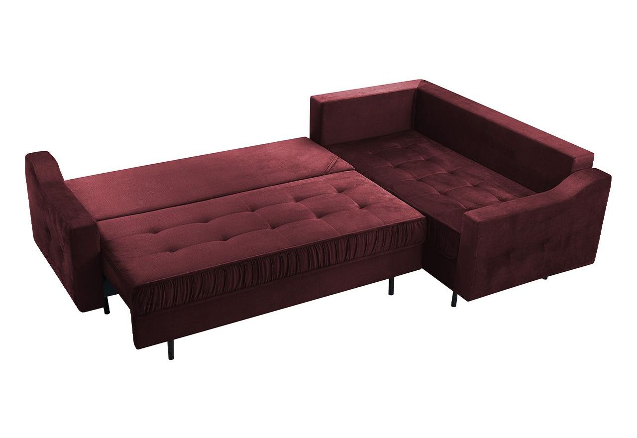 Bordowy narożnik wypoczynkowy ABETO z pikowanym siedziskiem na sprężynach i funkcją spania