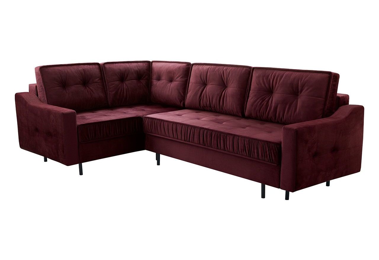 Bordowy narożnik wypoczynkowy ABETO z pikowanym siedziskiem na sprężynach i funkcją spania