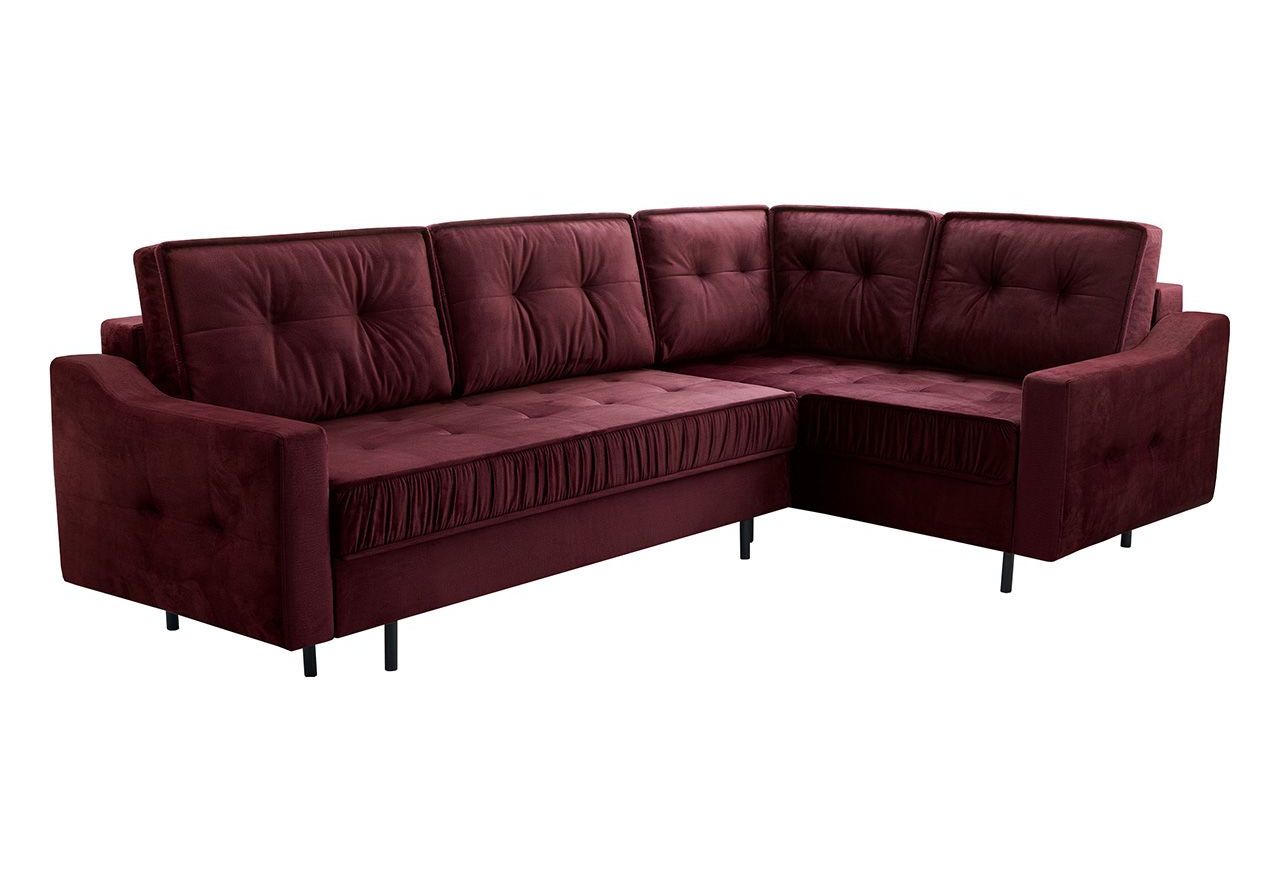 Bordowy narożnik wypoczynkowy ABETO z pikowanym siedziskiem na sprężynach i funkcją spania