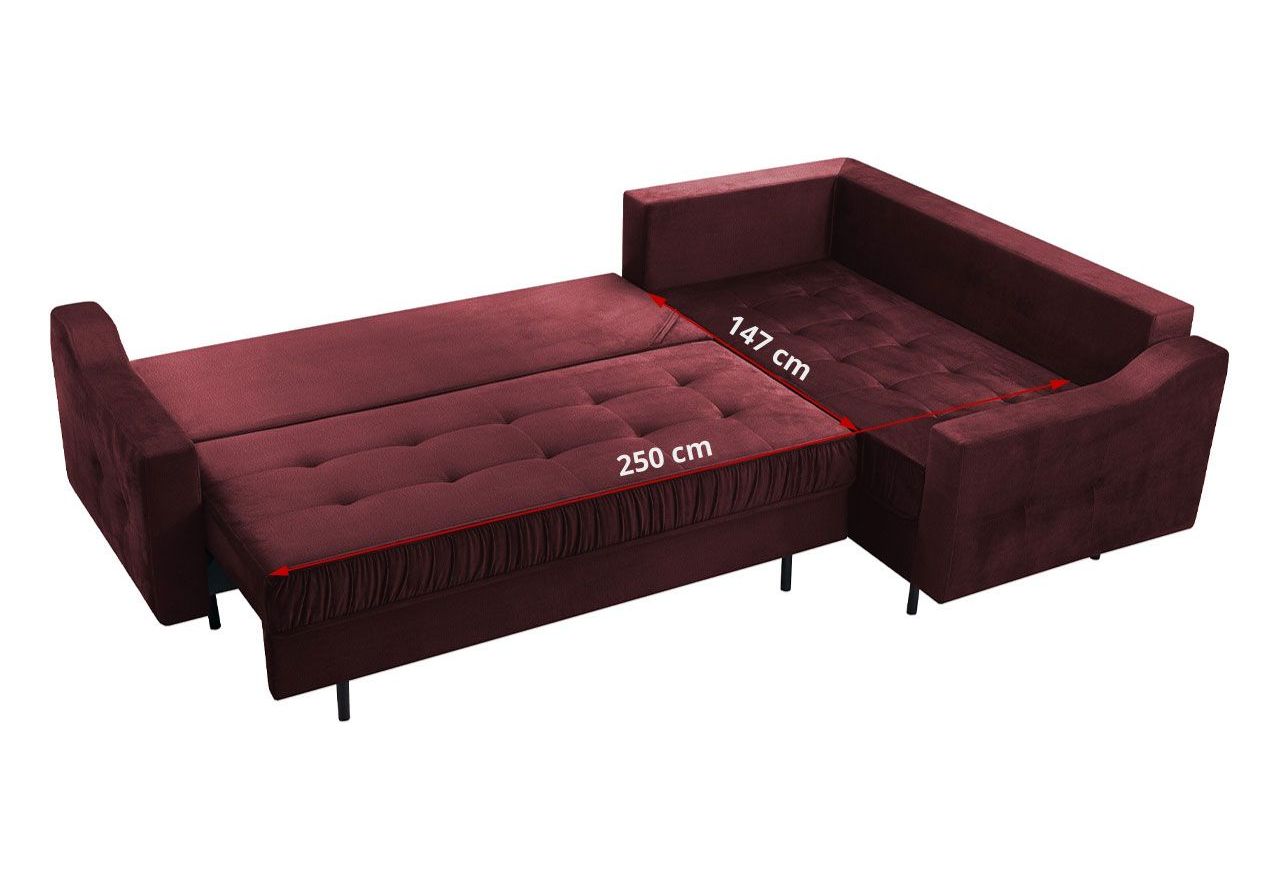 Bordowy narożnik wypoczynkowy ABETO z pikowanym siedziskiem na sprężynach i funkcją spania