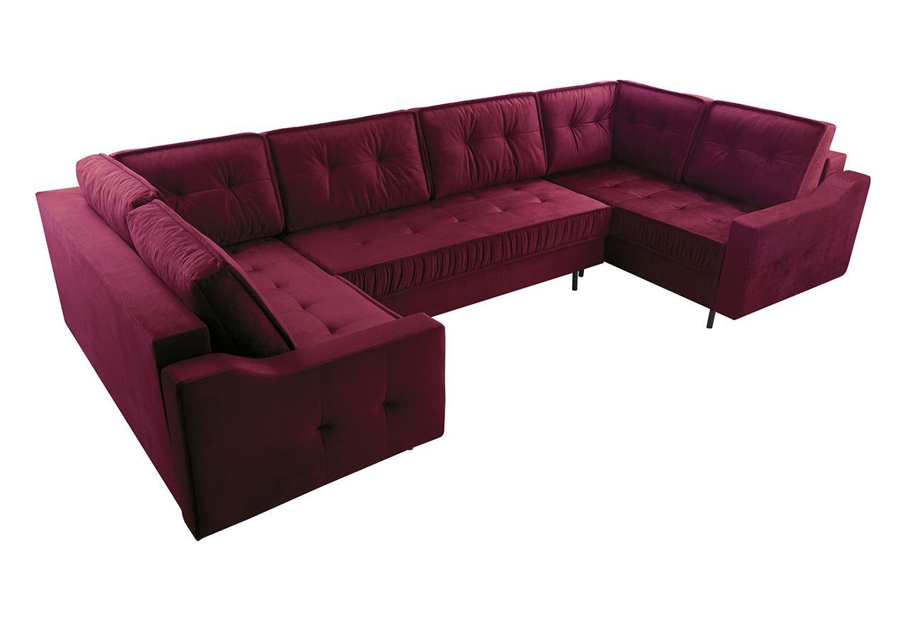 Nowoczesny narożnik glamour do dużego salonu ABETO rozkładany z bordową tapicerką